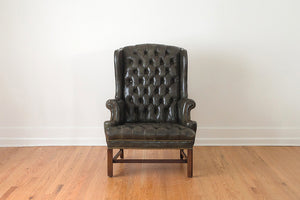Tufted Green Leather Wing Chair