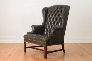 Tufted Green Leather Wing Chair